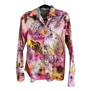 Robert Graham Women's Priscilla Pink Paisley Leaf Print Stretch Cotton Shirt S
